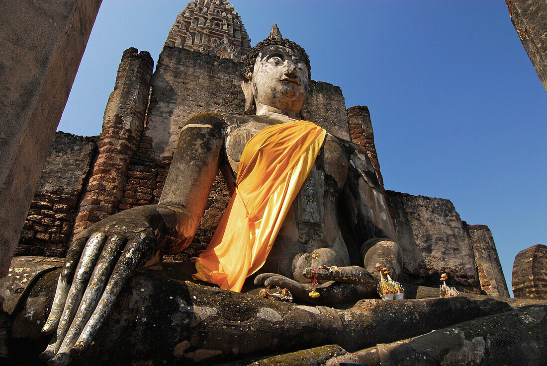 Large Sitting Buddha at Wat Phra Si Rattana Mahatat, Si Satchanalai Chalieng Historical Park, Province Sukothai, Thailand, Asia