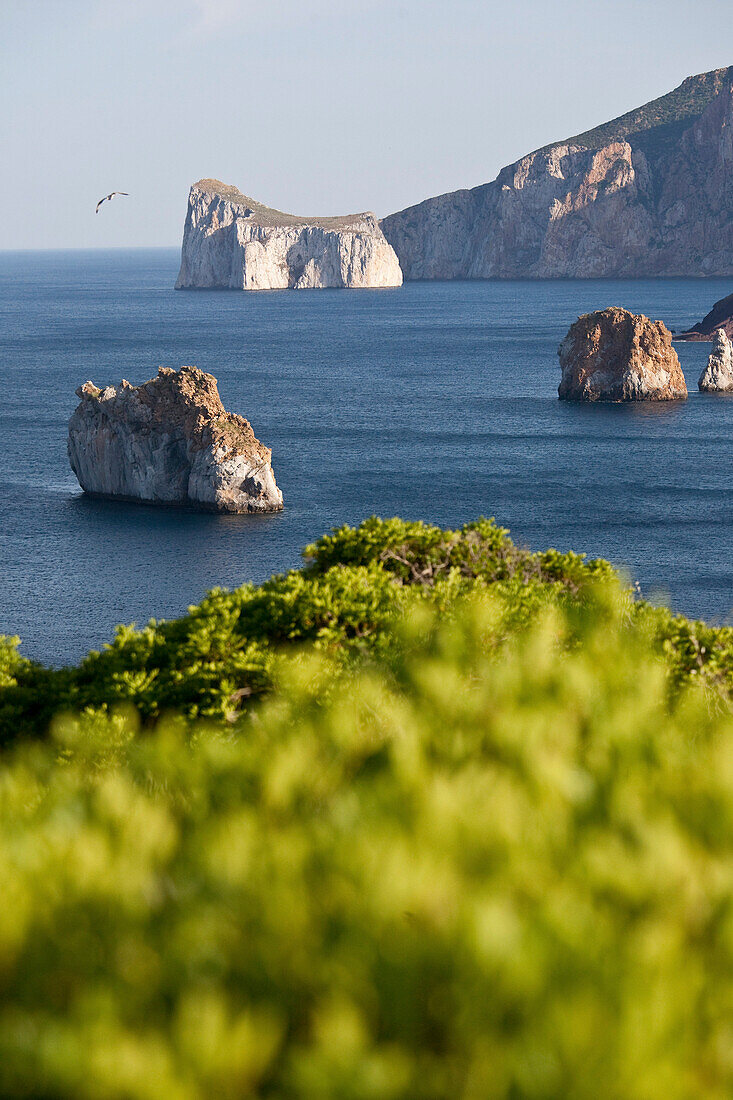 Pan di Zucchero, view at rocks off shore, Masua, Sardinia, Italy, Europe