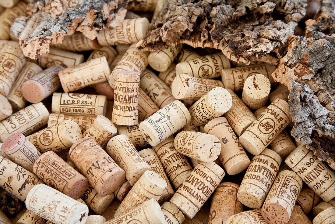 Close-up of corks, Museo del Vino, Berchidda, Sardinia, Italy, Europe