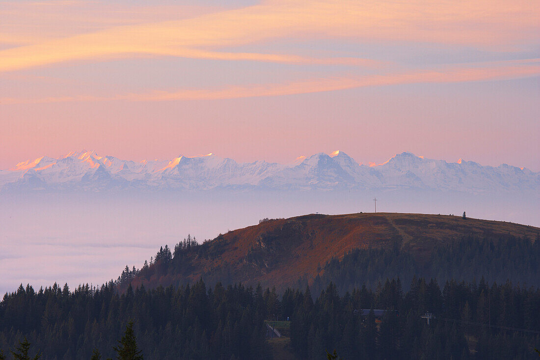 Blick vom Feldberg über Herzogenhorn auf die Schweizer Alpen, Sonnenaufgang, Herbst, Schwarzwald, Baden-Württemberg, Deutschland, Europa