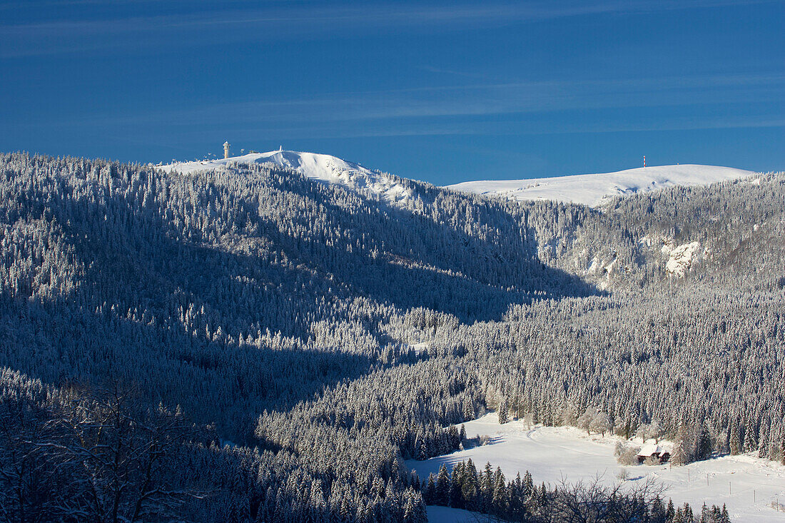 Snow-covered Feldberg with Seebachtal on a Winter's morning, Black Forest, Baden-Württemberg, Germany, Europe