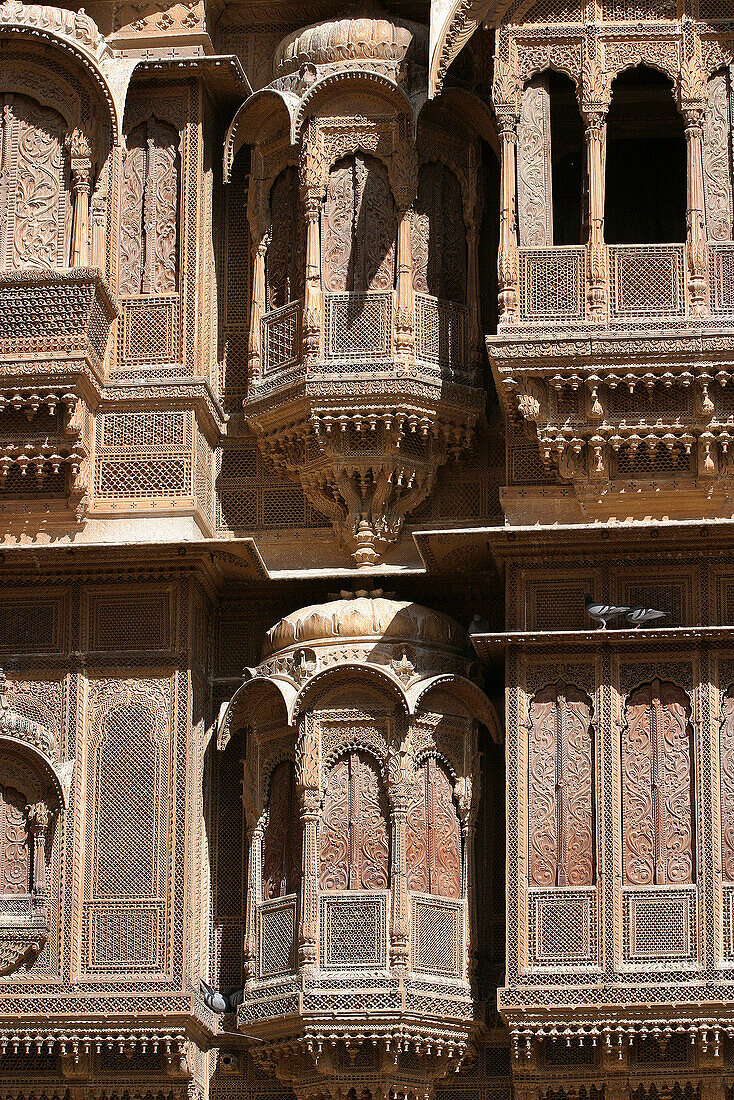 Ornately carved facade of the Patwon Ki Haveli, merchant's house, Jaisalmer, Rajasthan, India