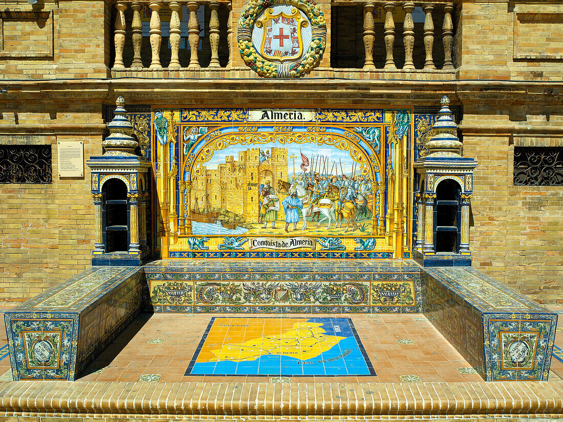 Mosaic bench in Plaza de Espana public square, Seville, Andalucia, Spain
