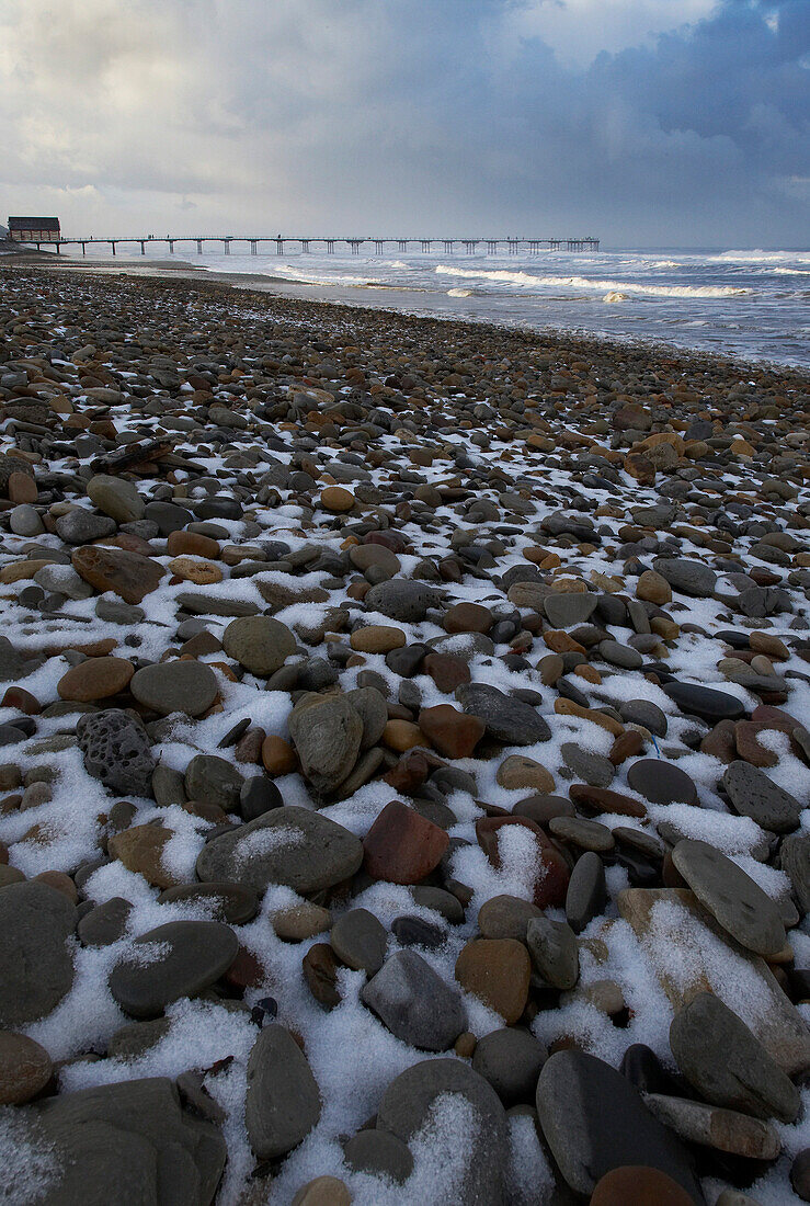 Beach and pier in winter, Saltburn, Cleveland, UK, England