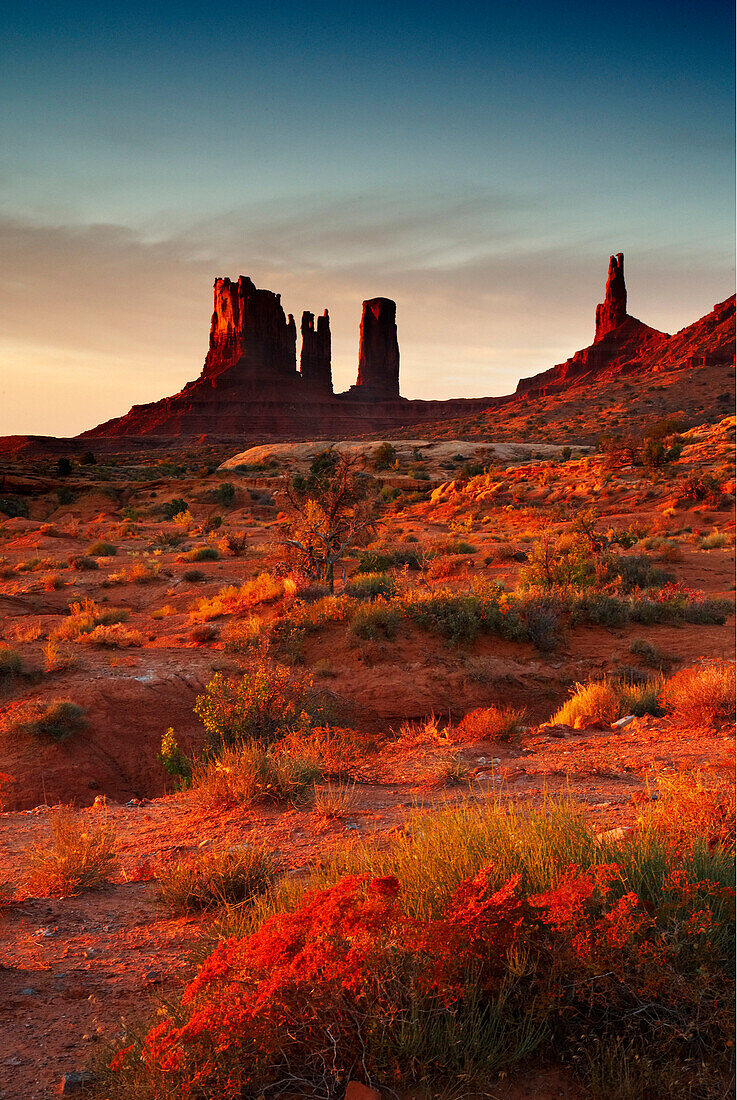 Rock formations in sun at dawn, Monument Valley, Arizona, USA