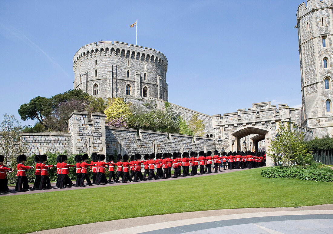 Welsh Guards marching at Windsor Castle, Windsor, Berkshire, UK, England