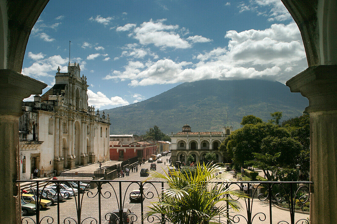 Main Square with cathedral and view of volcano, Antigua, Guatemala