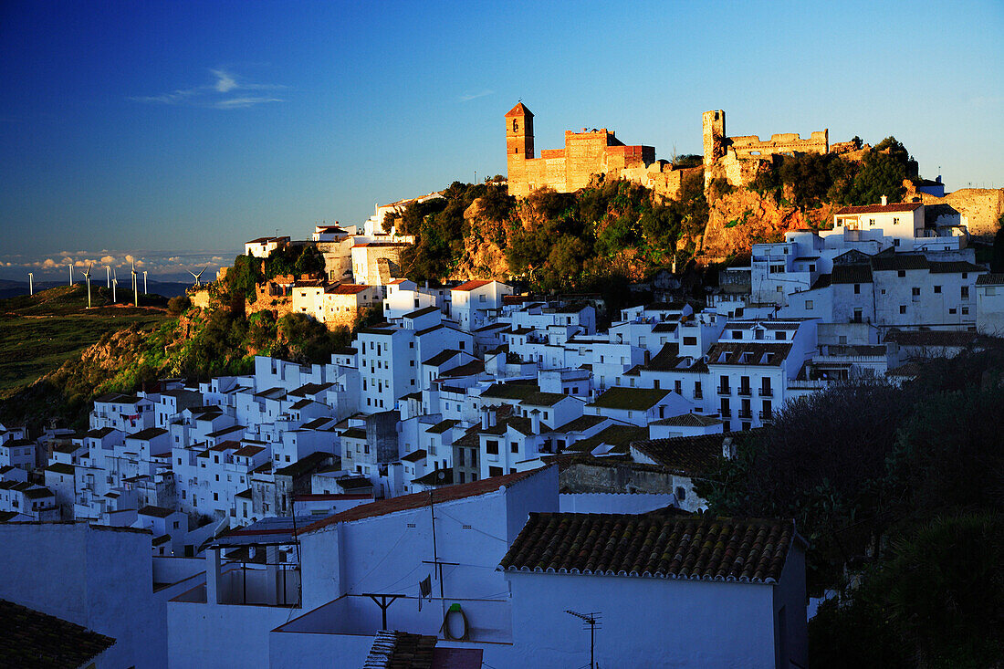 View over white hill town at dawn, Casares, Andalucia, Spain