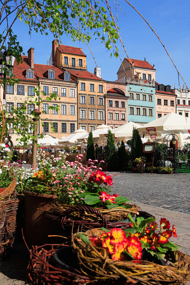 Flower baskets in Rynek Starego Miasta, Old Town Square, Warsaw, Poland