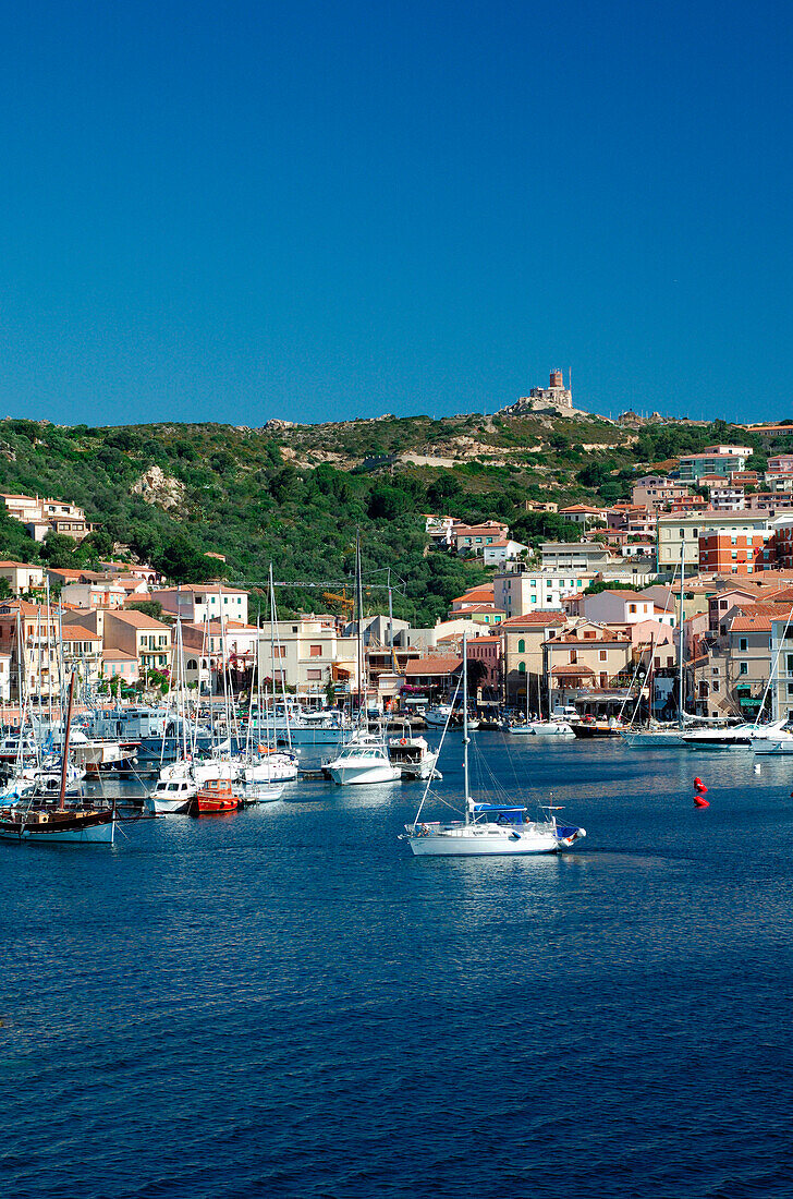 Harbour and town from sea, La Maddalena, Sardinia, Italy