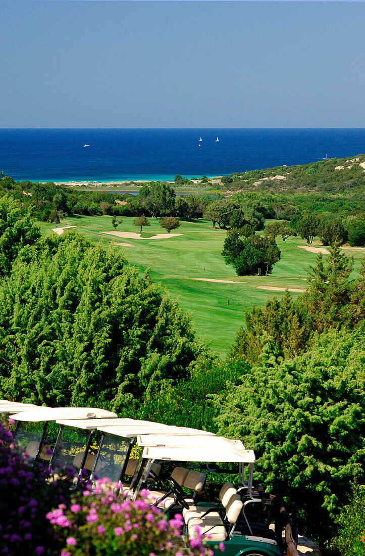 View over golf club to sea, Porto Pevero, Sardinia, Italy