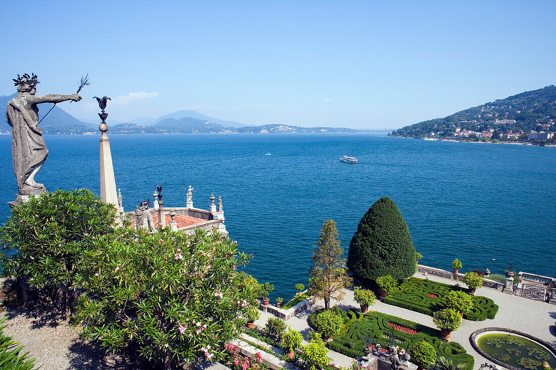 View of gardens and lake, Isola Bella, Lombardy, Lake Maggiore, Italy