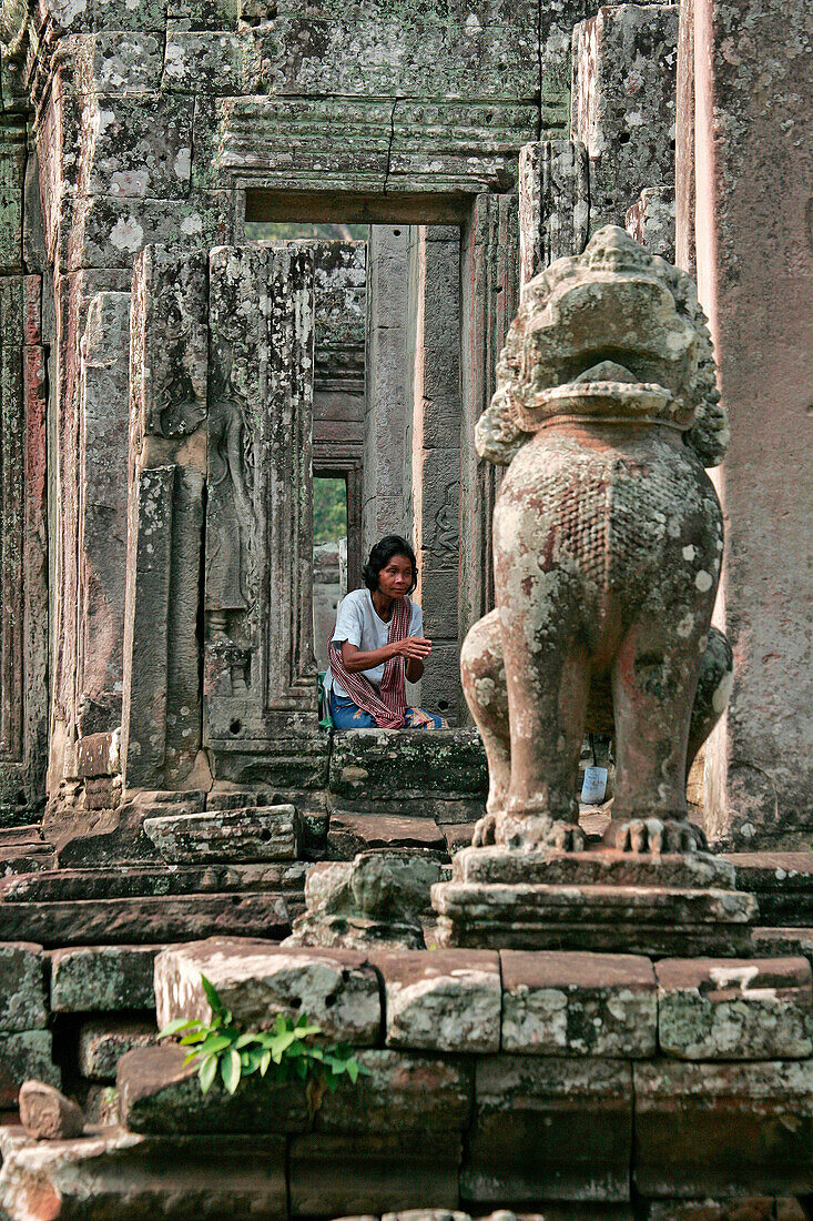 Angkor Thom, woman at the Bayon temple, Siem Reap, near, Cambodia