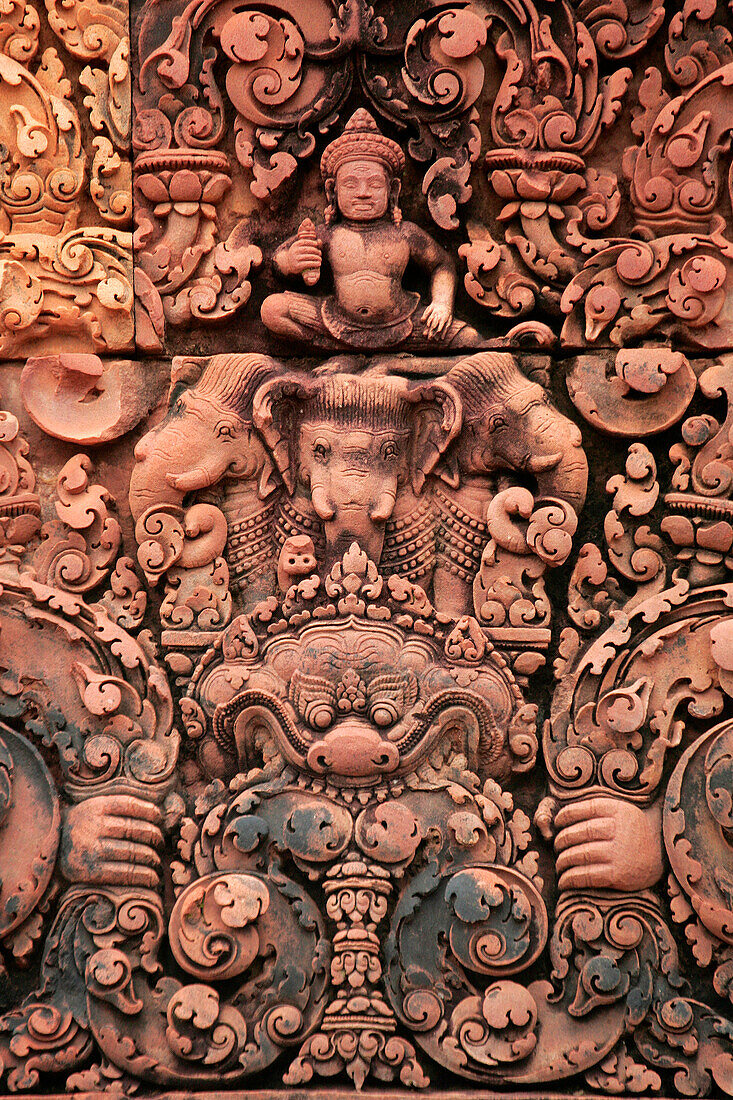 Intricate bas-relief at Banteay Srei temple, Siem Reap, near, Cambodia