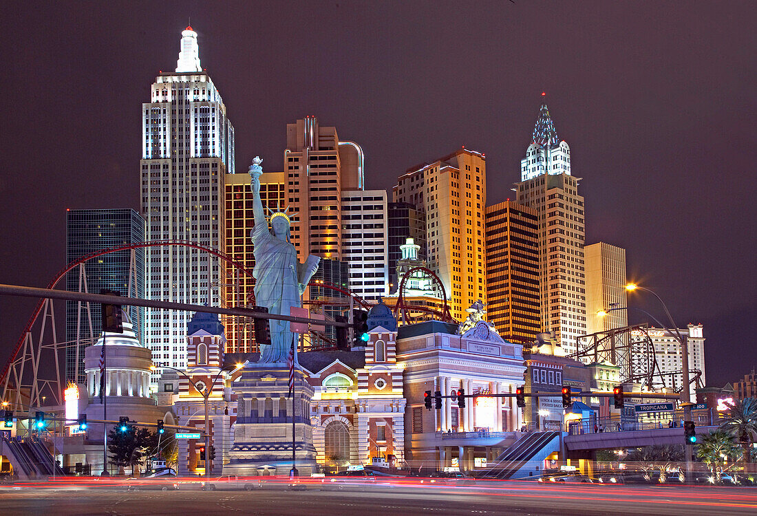 New York New York Hotel and Casino at night, Las Vegas, Nevada, USA