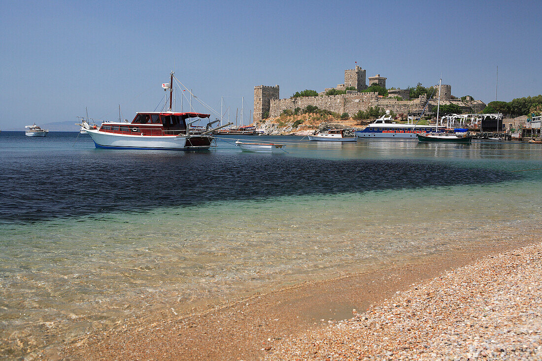 View to Castle of St Peter from beach, Bodrum, Aegean, Turkey