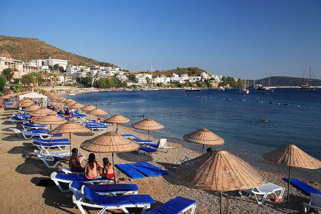 Beach scene and Outer Harbour, Bodrum, Aegean, Turkey