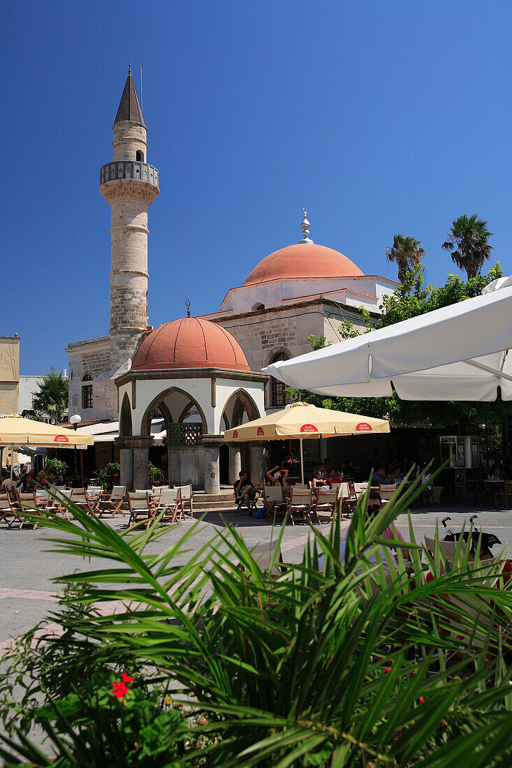 Eleftherias Square, mosque and cafes, Kos Town, Kos Island, Greek Islands