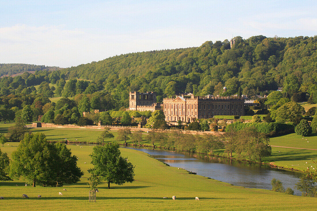 View to Chatsworth House over parkland, Chatsworth House, Derbyshire, UK, England