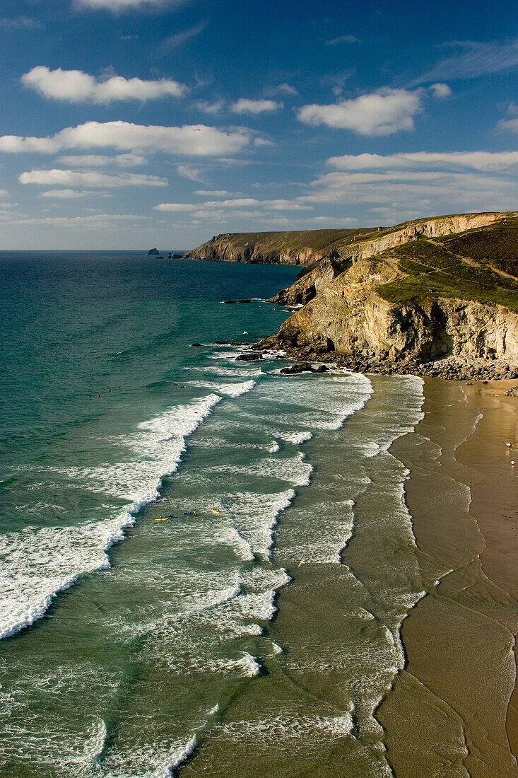 View of cliffs and bay, Porthtowan, Cornwall, UK, England