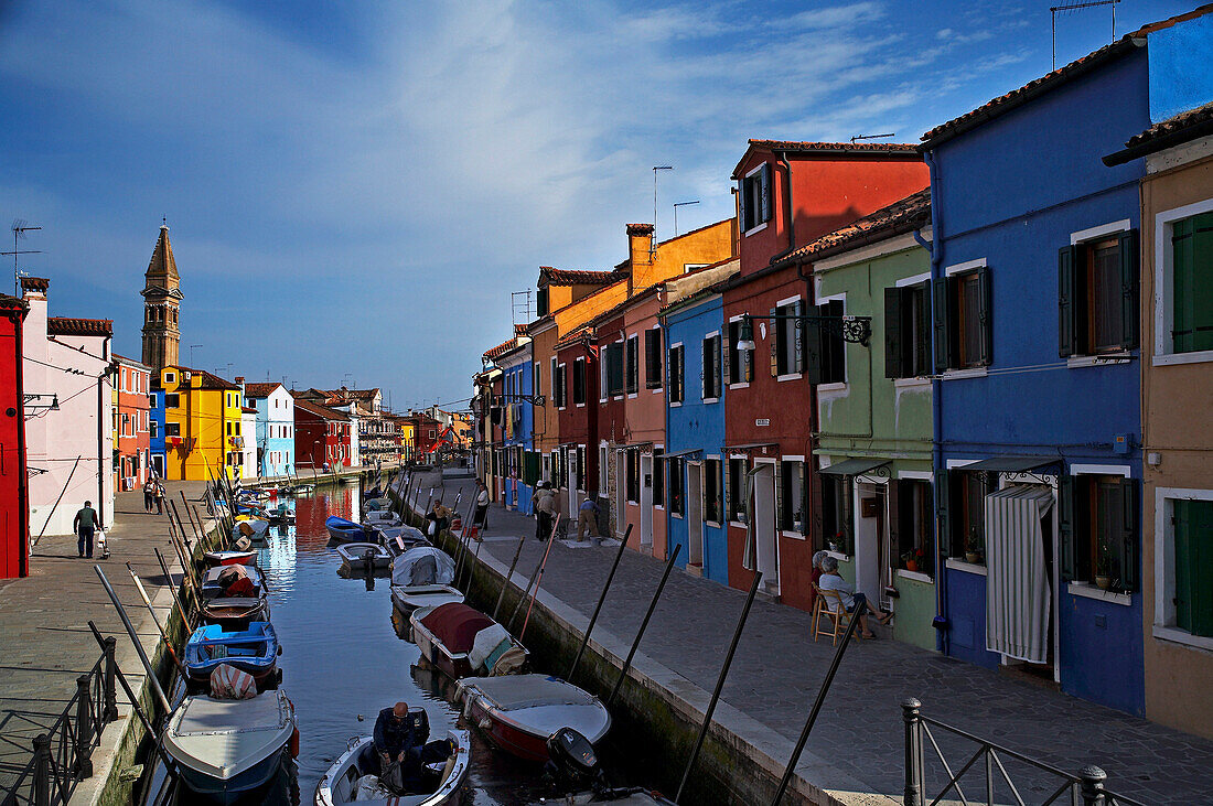 View along canal on Burano Island in the Venice Lagoon, Venice, Burano, Veneto, Italy