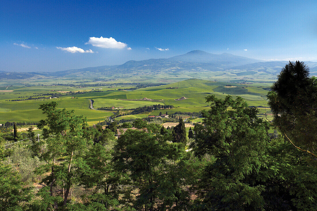 View from town walls over green landscape of Val d'Orcia, Pienza, Tuscany, Italy