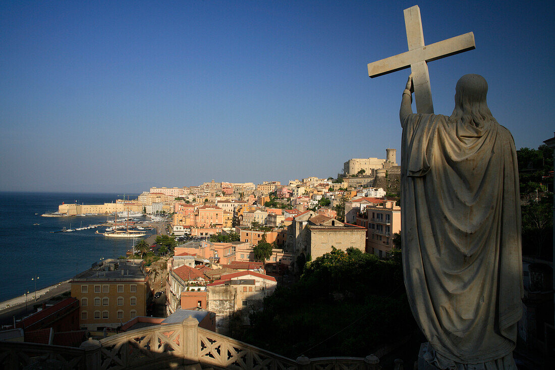 View from statue with cross over town with harbour and castle, Gaeta, Lazio, Italy