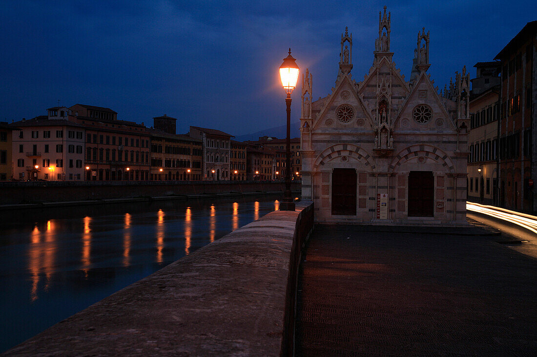 Church of Santa Maria della Spina at night with River Arno, Pisa, Tuscany, Italy