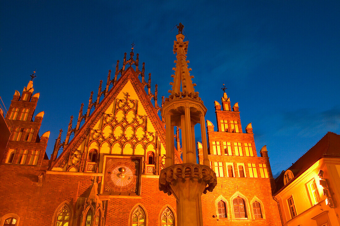 Town Hall and Whipping Post illuminated at night, Wroclaw, Poland