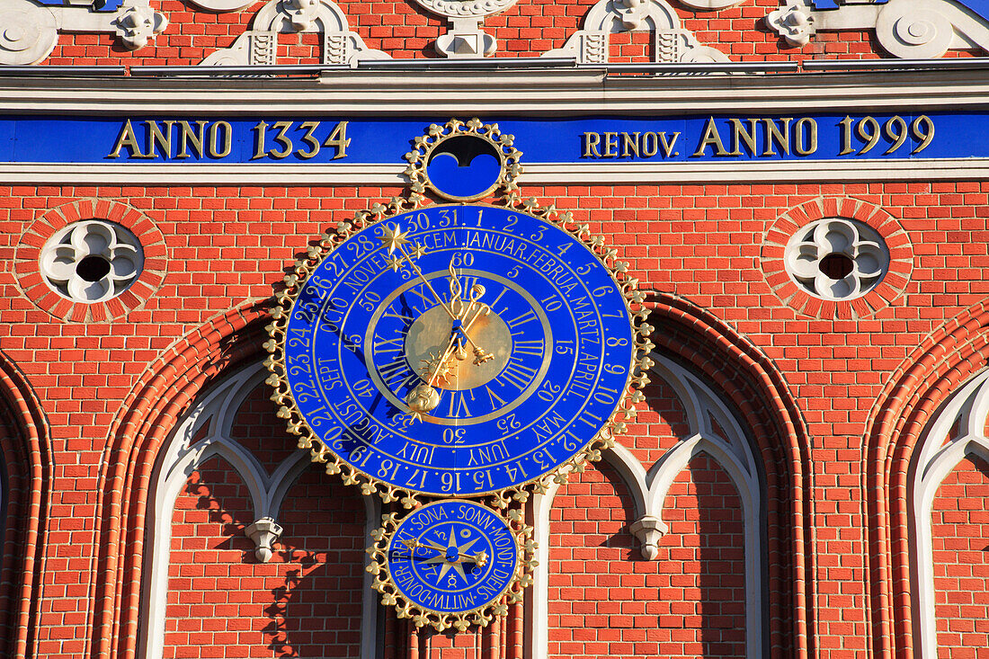 Blue clock detail on House of Blackheads in the Old Town, Riga, Latvia