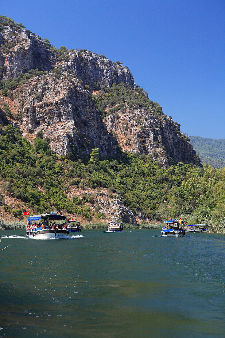 Cruise boats on Dalyan River, Dalyan, Mediterranean, Turkey