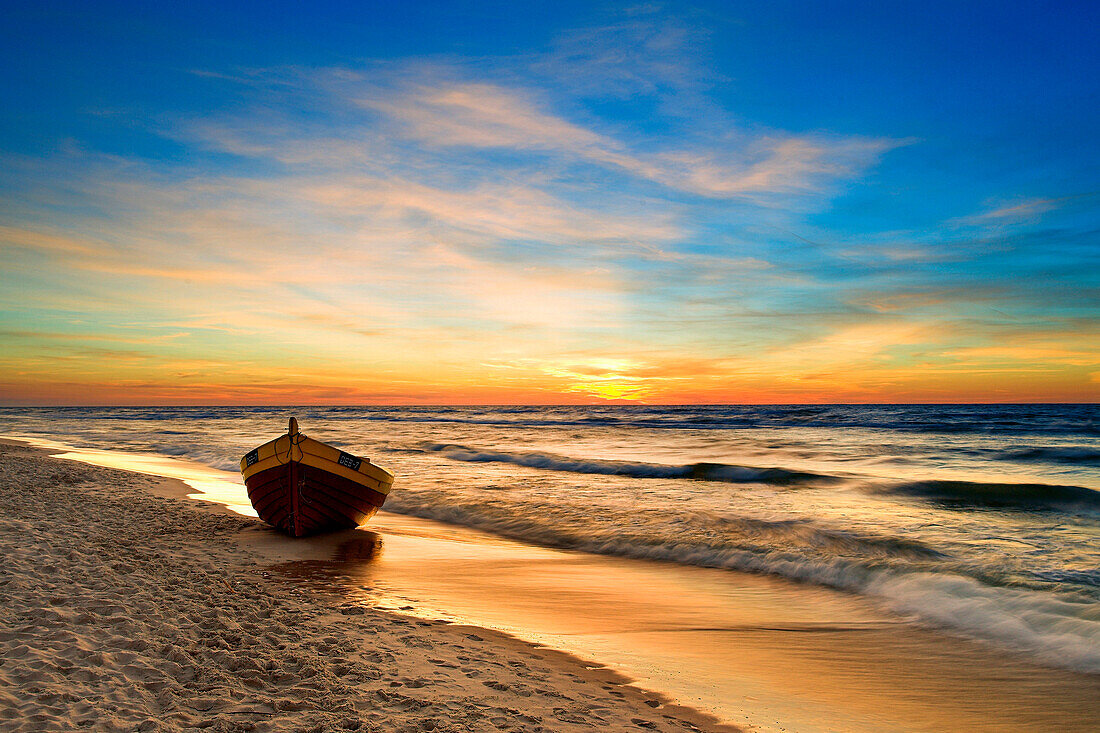 Seascape with boat on beach at sunset, Abstract, Specials
