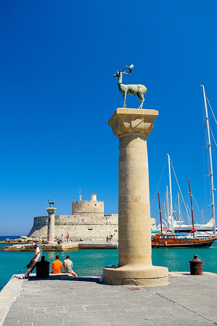 Mandraki Harbour with bronze deer statue, Rhodes Town, Rhodes Island, Greek Islands
