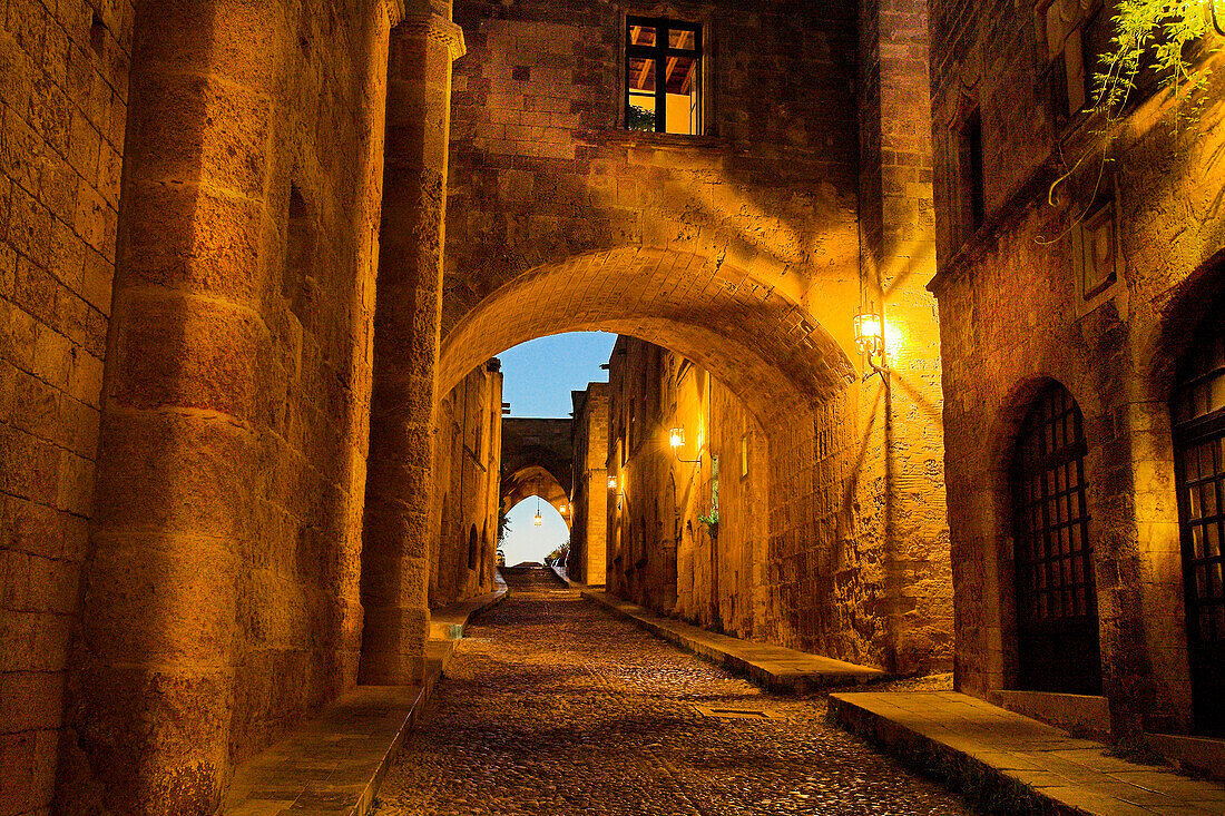 Evening view along Avenue of the Knights, Rhodes Town, Rhodes Island, Greek Islands