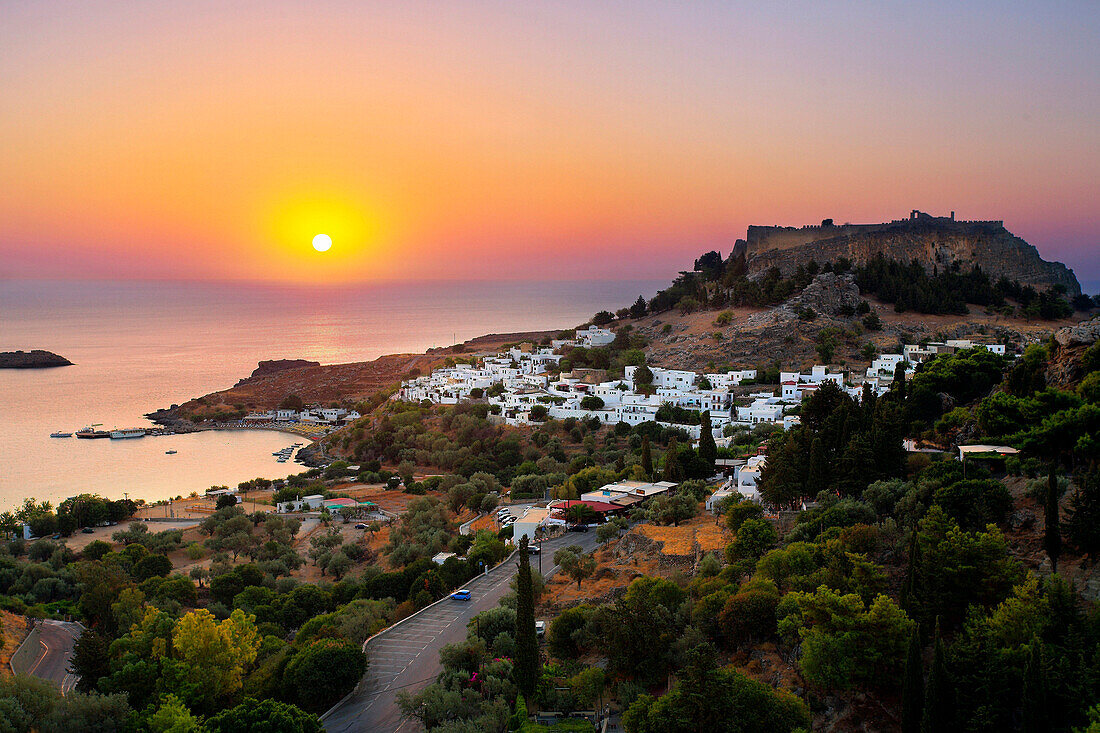 View over Lindos town at sunrise, Lindos, Rhodes Island, Greek Islands