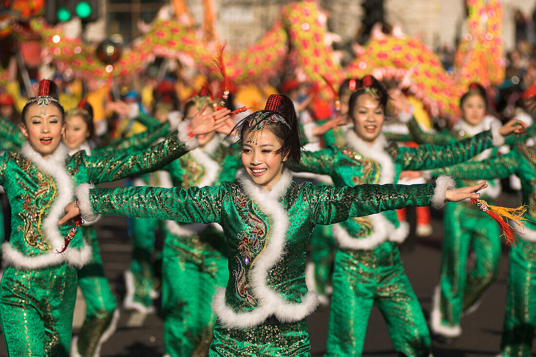 Chinese New Year, Chinese dancing girls, London, UK, England