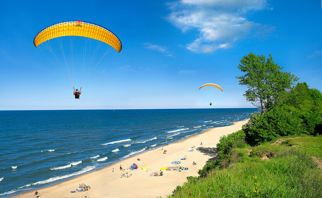 Beach scene with paragliders, Gdansk, near, Poland