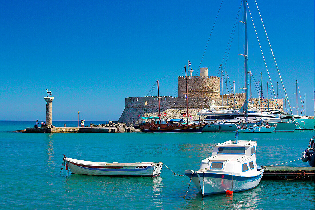 Mandraki Harbour with St Nicholas Fort, Rhodes Town, Rhodes Island, Greek Islands