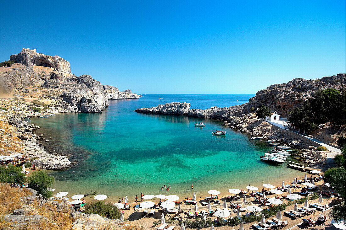 St Pauls Bay, the harbour and beach, Lindos, Rhodes Island, Greek Islands