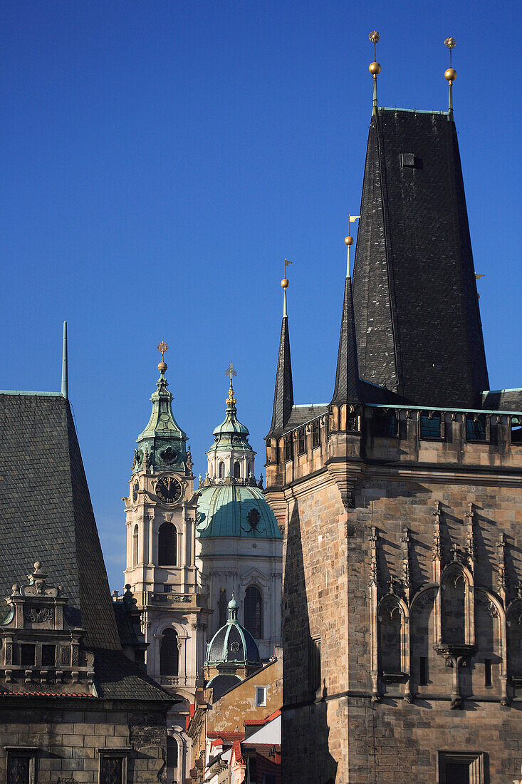 Charles Bridge, towers and dome, Prague, Czech. Republic