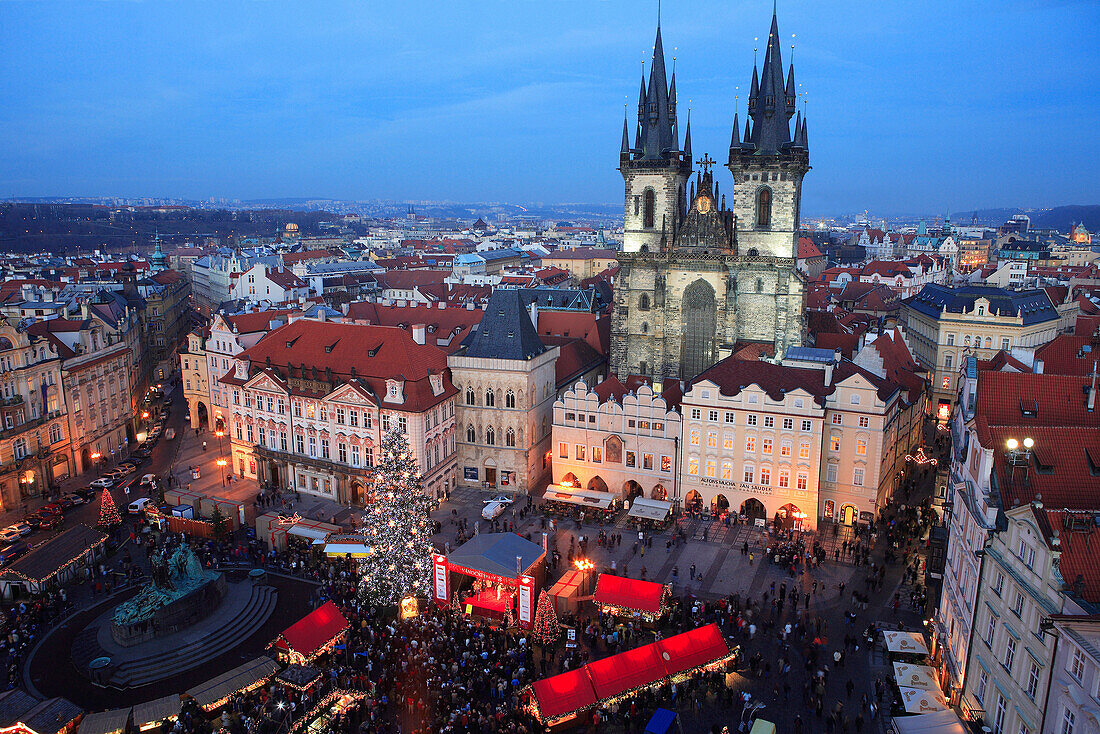 View over Old Town Square with Christmas Market, Prague, Czech. Republic