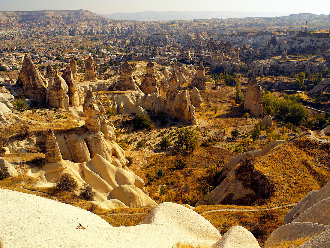 View over rock formations, fairy chimneys, Goreme, Cappadocia, Turkey