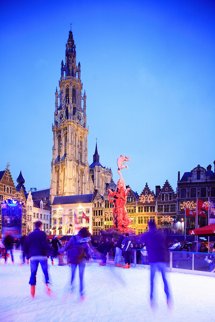Grote Markt, cathedral and ice rink, Antwerp, Flanders, Belgium