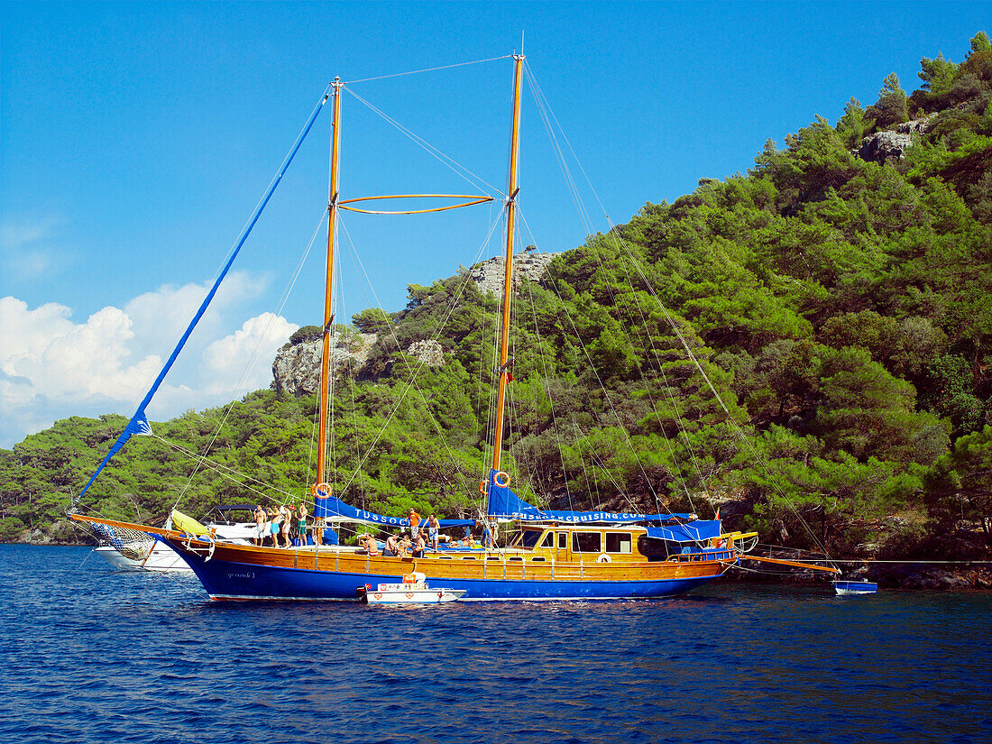 Gulet moored at Cleopatra's Island in Fethiye Bay, Cleopatra's Island, Mediterranean, Turkey