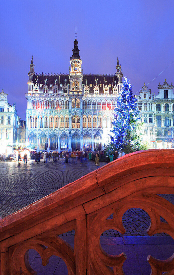 Grand-Place at Christmas through ornate barrier, Brussels, Flanders, Belgium