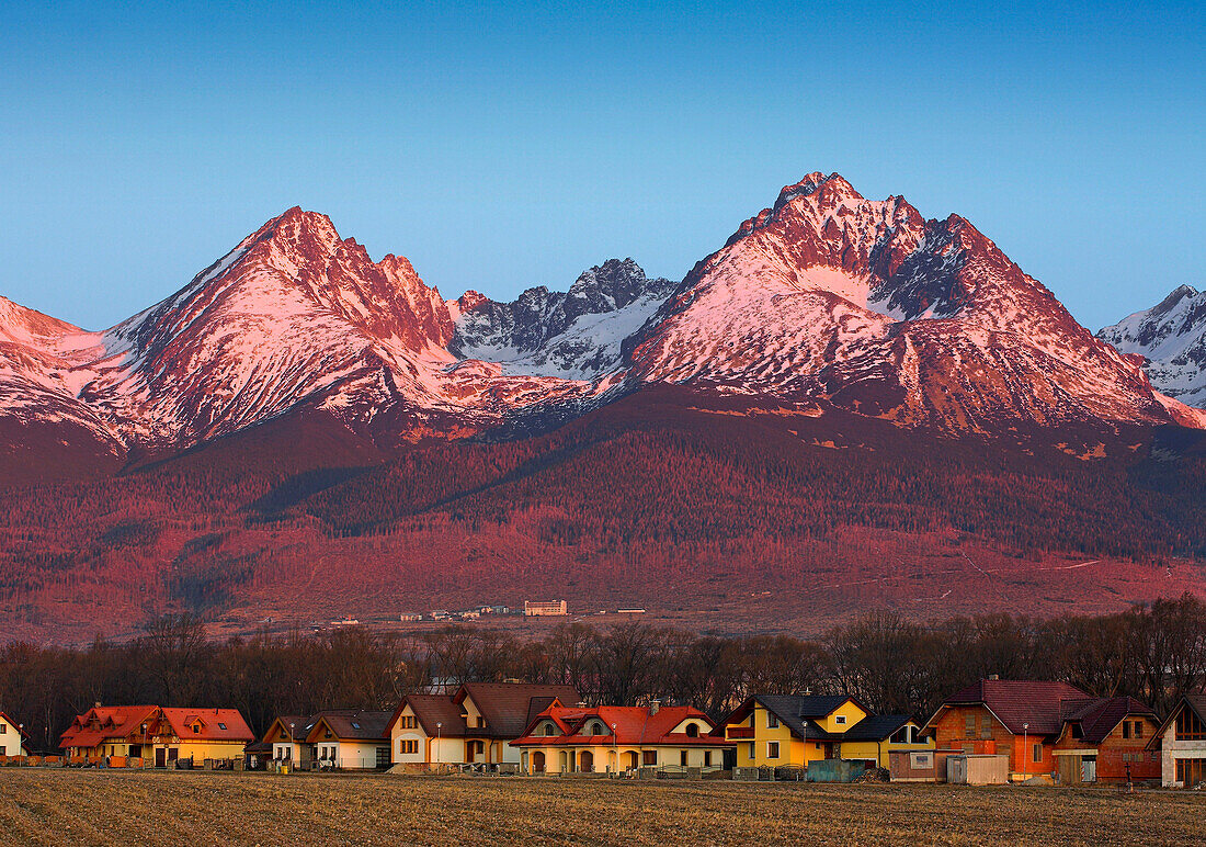 Mountain range and colourful village, Tatra Mountains, Slovakia