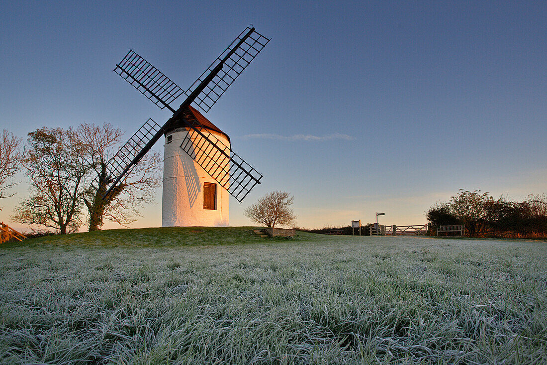 Ashton Windmill at sunrise in winter, Axbridge, Somerset, UK, England
