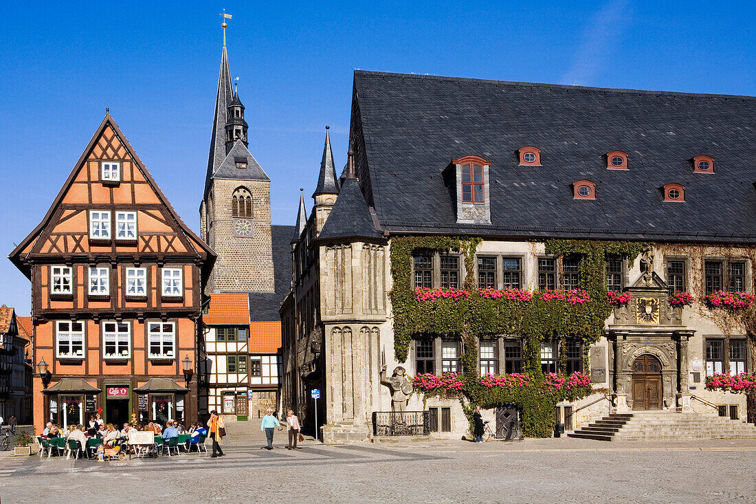 Half-timbered architecture with cafe and church and Town Hall, Quedlinburg, Saxony-Anhalt, Germany