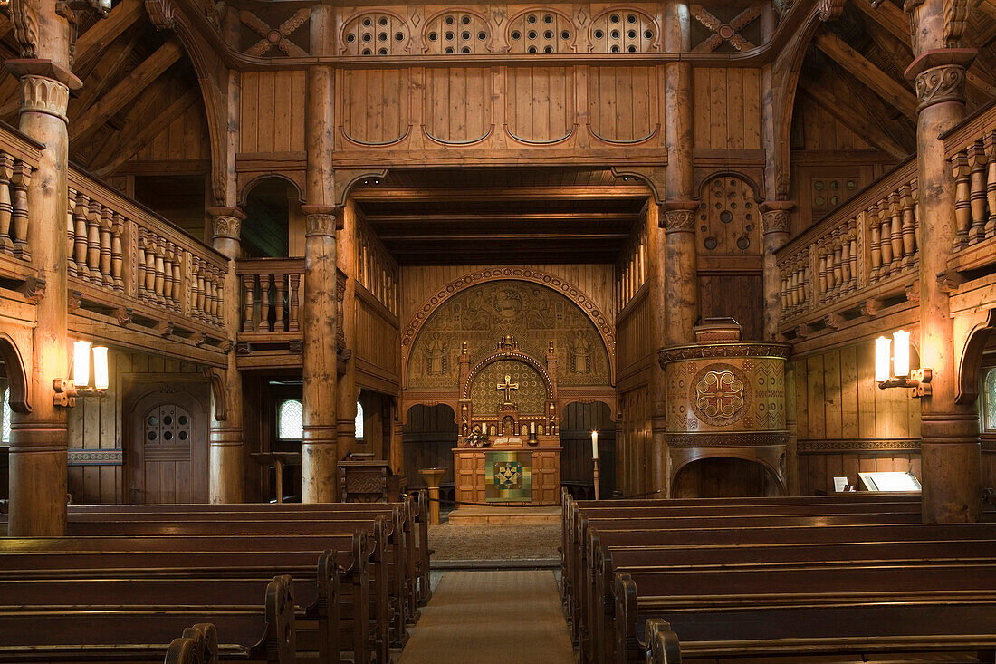 Gustav Adolf Church, interior of wooden Nordic stave church, Hahnenklee, Goslar, Lower Saxony, Germany