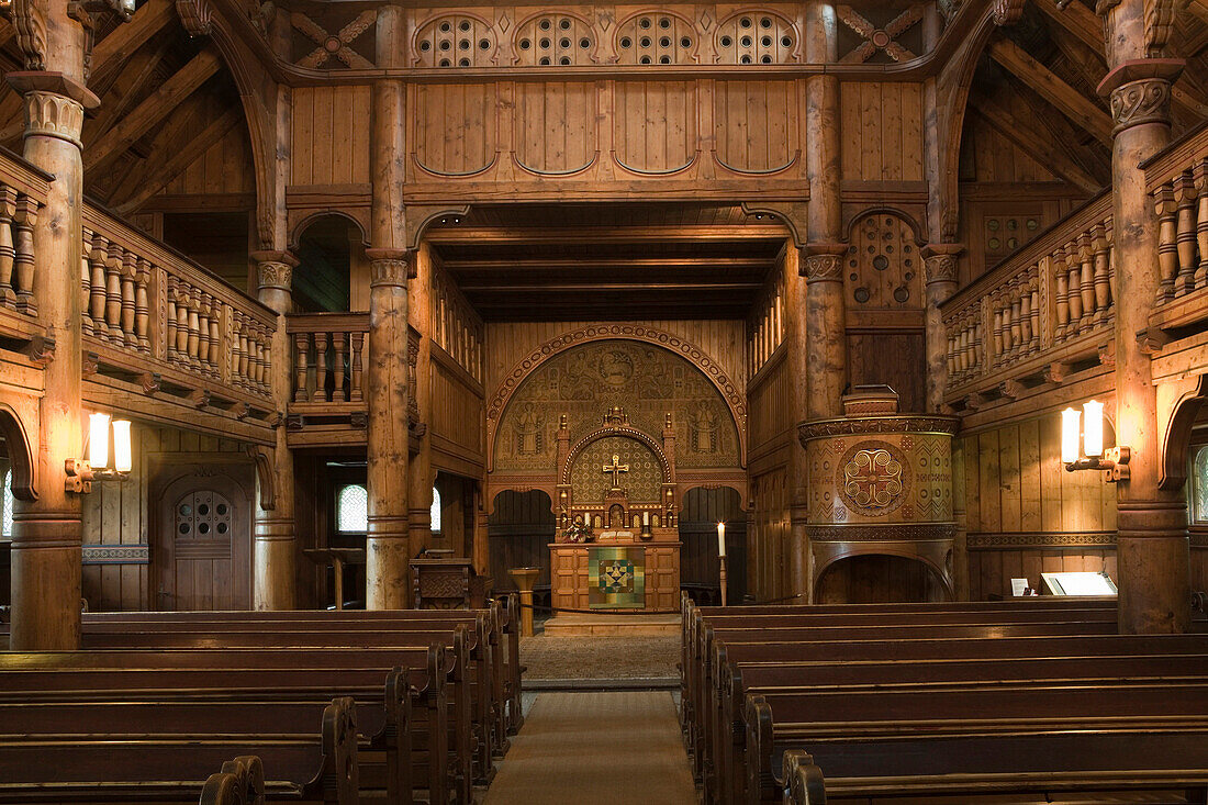 Gustav Adolf Kirche, eine Stabkirche im Goslarer Stadtteil Hahnenklee-Bockswiese in Niedersachsen, Deutschland